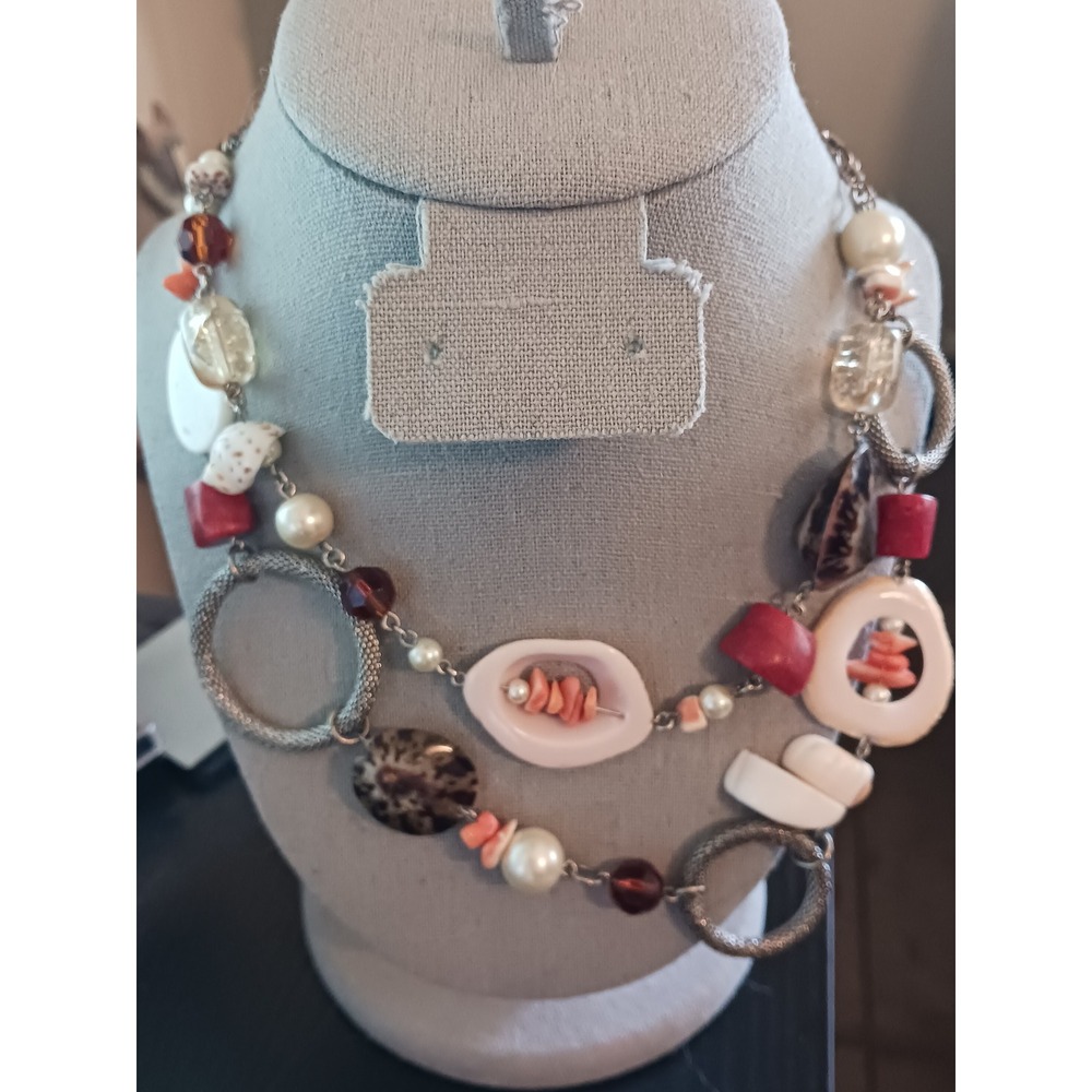 Chicos Mixed Media Statement Necklace Faux Pearl Coral Red Silver Tone